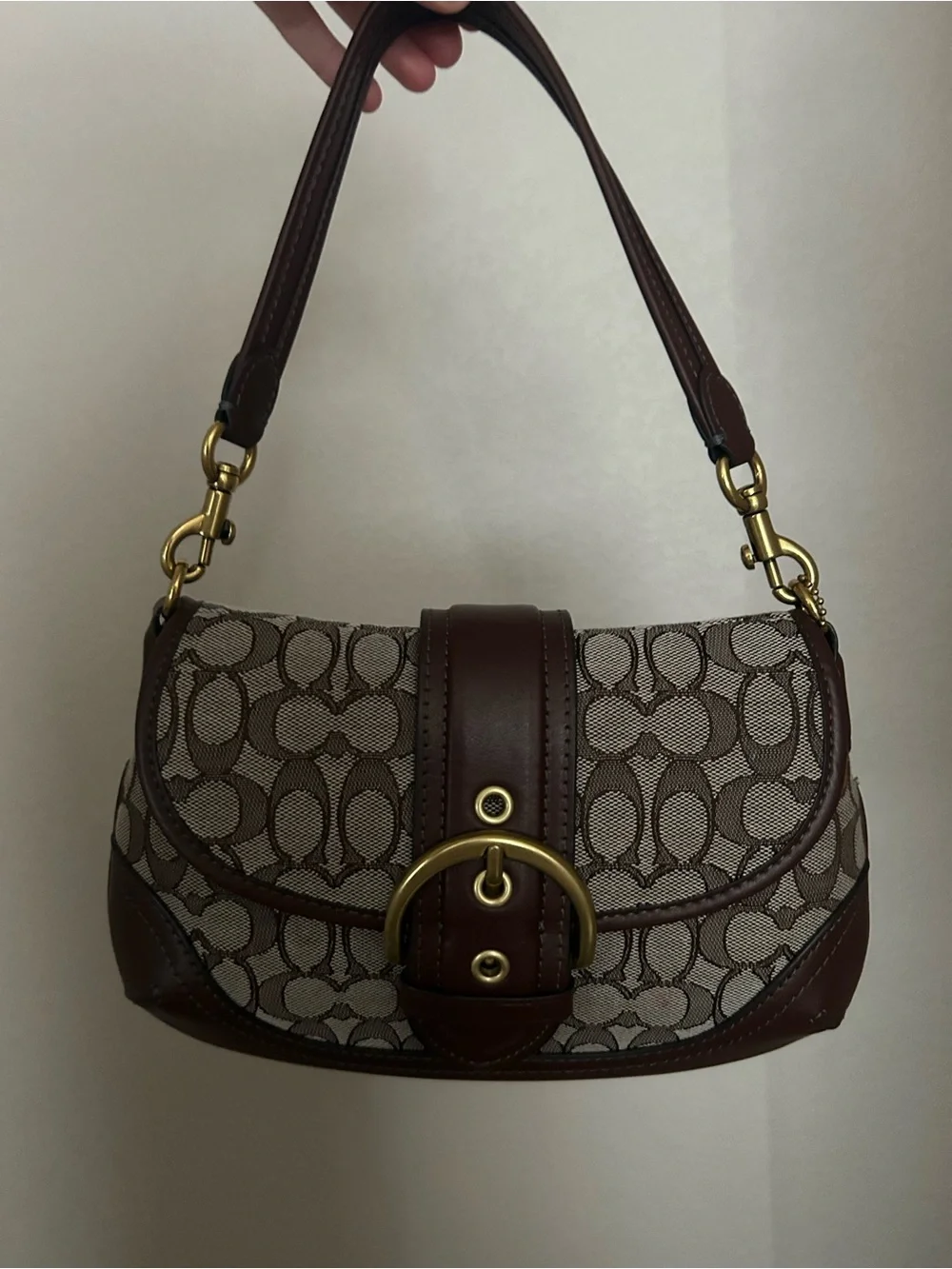 Coach Brown Signature Jacquard Shoulder Bag with Gold Hardware